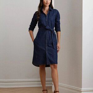 Lauren Ralph Lauren Belted Denim Shirtdress L Cotton Button Front Casual